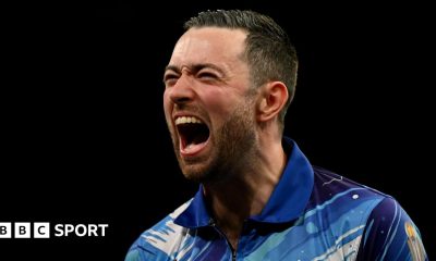 Luke Humphries celebrates victory during night 15 of the 2026 Premier League Darts at the Utilita Arena, Birmingham