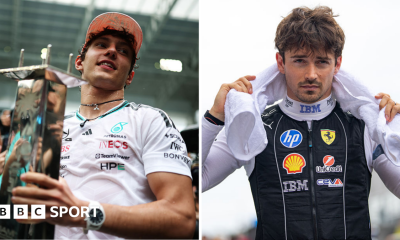 A split image of Kimi Antonelli and Charles Leclerc
