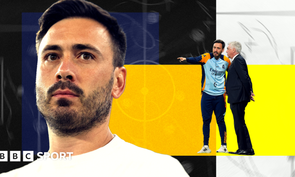 Stylised image of Davide Ancelotti in front of a colourful background with a tactics board overlay. On the right of the image is an overlay of Davide with his father Carlo Ancelotti from a match when the pair were manager and assistant manager of Real Madrid.