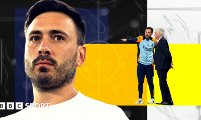 Stylised image of Davide Ancelotti in front of a colourful background with a tactics board overlay. On the right of the image is an overlay of Davide with his father Carlo Ancelotti from a match when the pair were manager and assistant manager of Real Madrid.