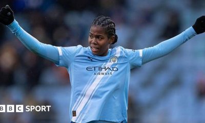 Khadija Shaw celebrates during a Manchester City game