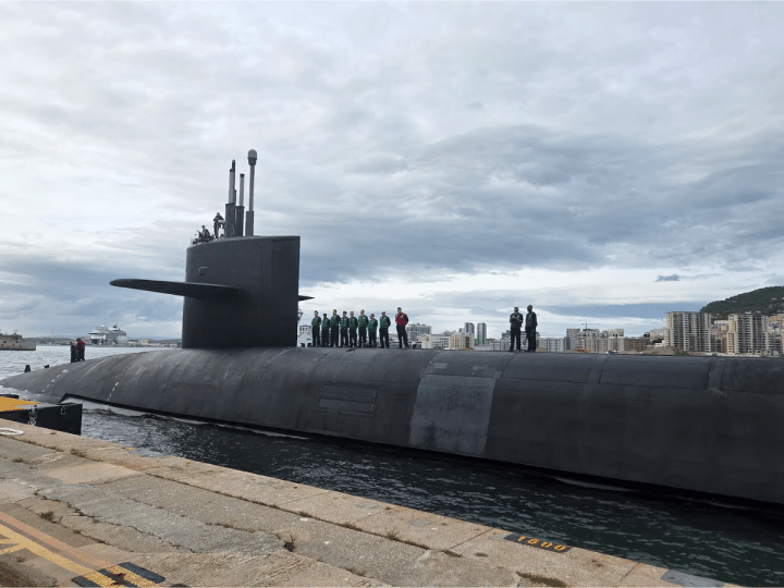 People stand on top of a US Navy Ohio-class ballistic missile submarine that arrived in Gibraltar on 10 May 2026. The Pentagon released its location.