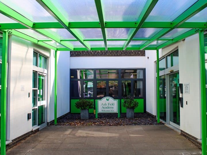Entrance at Ash Field Academy in Leicester, where staff are willing to strike over suspended union rep Tom Barker Support staff