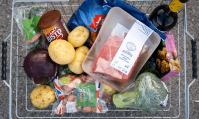 In this photo illustration, a basket of shopping filled with produce used in a traditional Sunday roast dinner for families is displayed on October 23, 2022 in Cardiff, Wales. The cost of a home-cooked Sunday roast for a family of four has reached its highest level in over a decade with inflation at 10.1%.