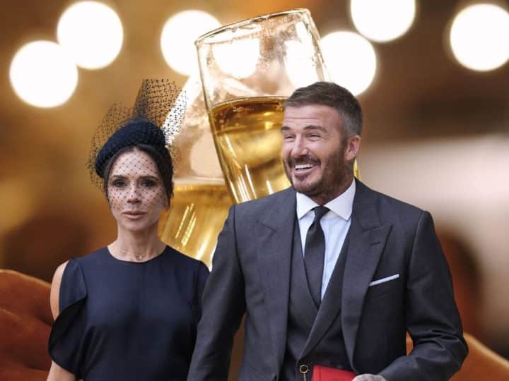 Composite image showing Victoria and David Beckham in front of a photo of champagne glasses being clinked Number of UK billionaires doubles since 2010