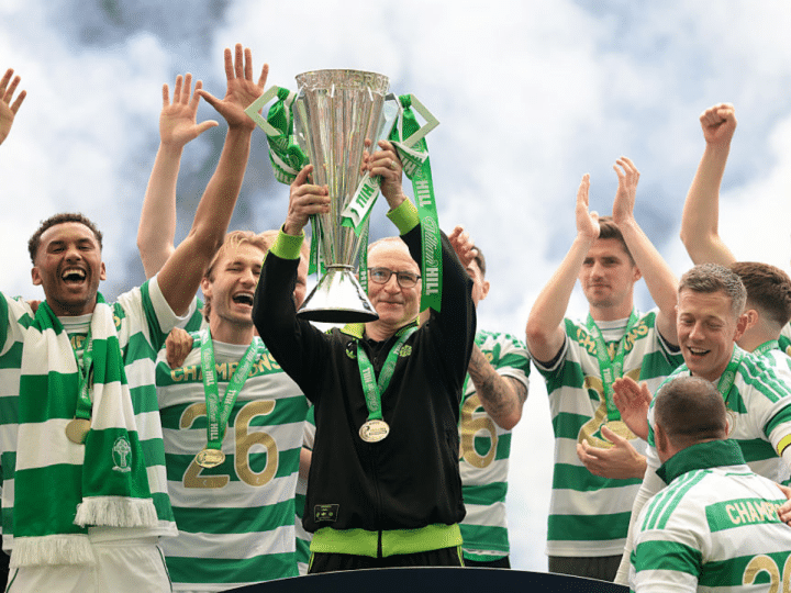 Martin O'Neill, Interim Manager of Celtic lifts the William Hill Premiership trophy with players of Celtic following the team's victory in the William Hill Premiership match between Celtic and Heart of Midlothian at Celtic Park on May 16, 2026 in Glasgow, Scotland.