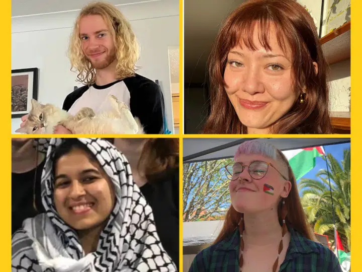Charlotte Head, Samuel Corner (top row) Leona Kamio and Fatema Rajwani (bottom row) are the remaining Filton 24 anti-genocide activists waiting for retrial