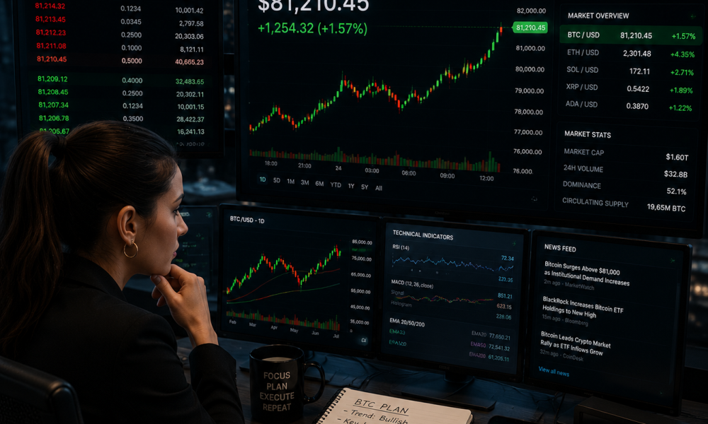 A trader analyzing Bitcoin's price above $81k.