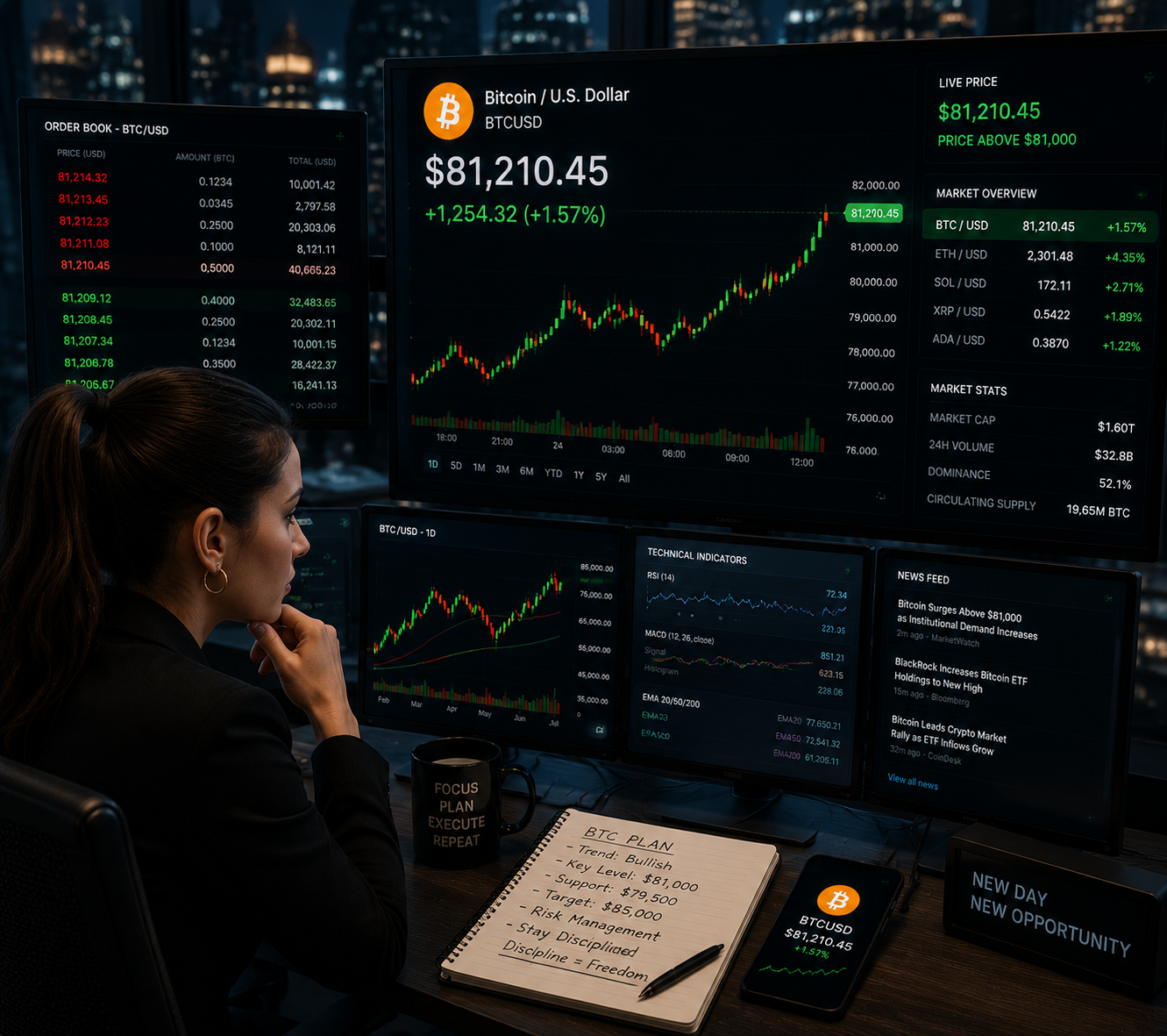A trader analyzing Bitcoin's price above $81k.