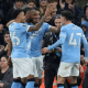 Semenyo, Marmoush and Foden celebrate a goal for City