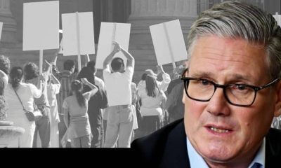 Keir Starmer in front of an angry crowd