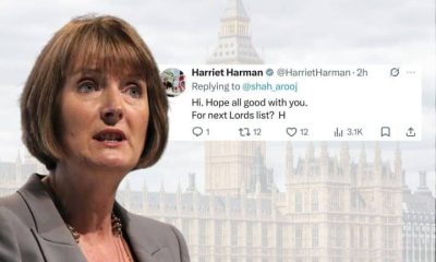 Harriet Harman in front of a tweet she accidentally sent