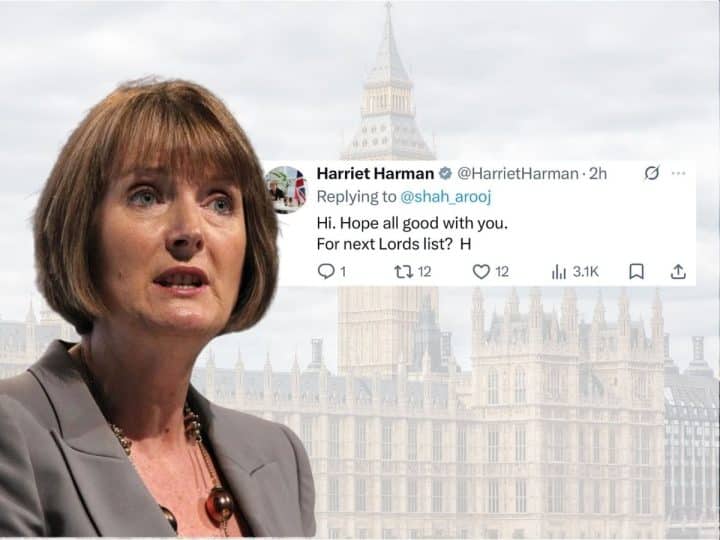 Harriet Harman in front of a tweet she accidentally sent