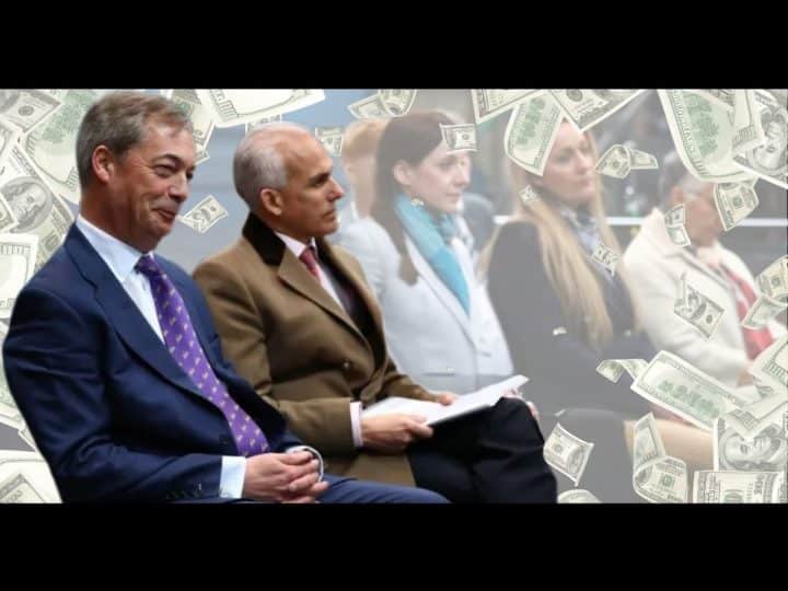 Nigel Farage and Ben Habib in separate photos and in the foreground is flying cash