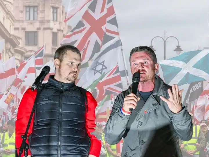 Tommy Robinson in front of various flags
