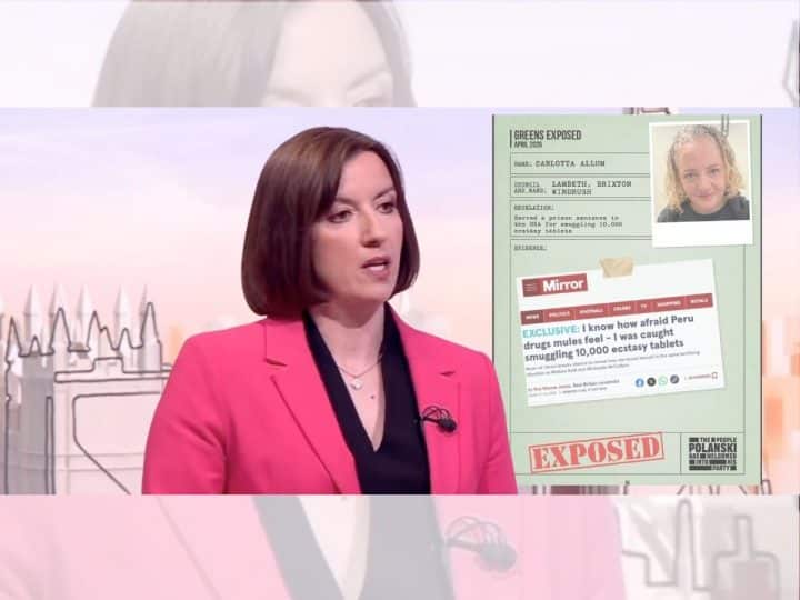 Bridget Phillipson in front of a Labour smear poster