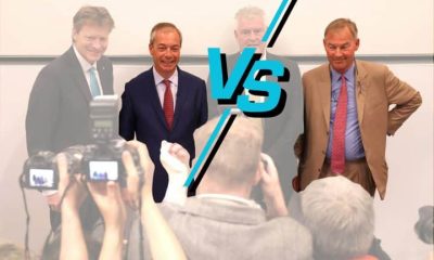 Nigel Farage and Rupert Lowe with a VS symbol between them
