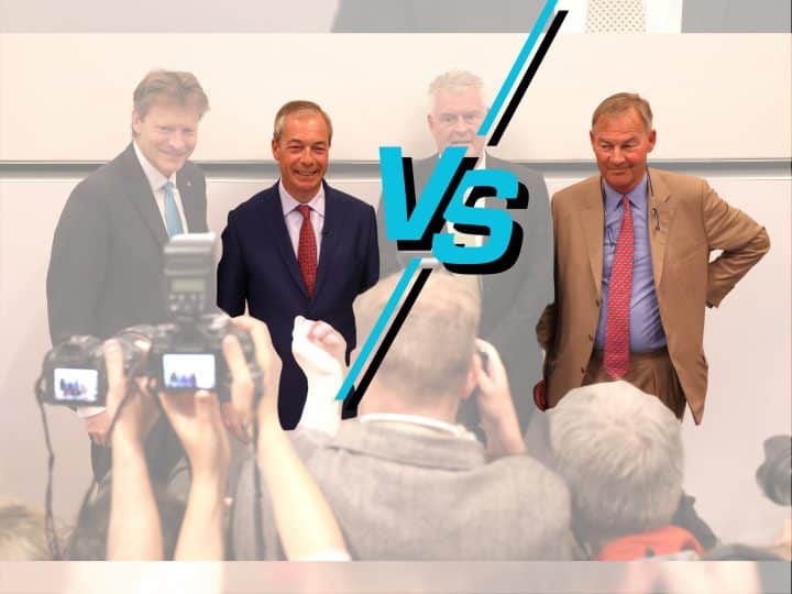 Nigel Farage and Rupert Lowe with a VS symbol between them