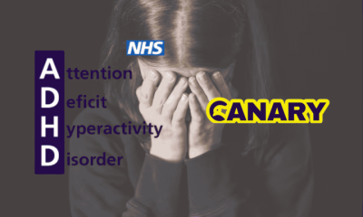 Medical misogyny Image of a girl crying with her head in her hands in the background. She has brown hair and a dark blue jumper. On the left hand side is the NHS logo and the acronym for ADHD spelt out. On the right is the Canary logo.