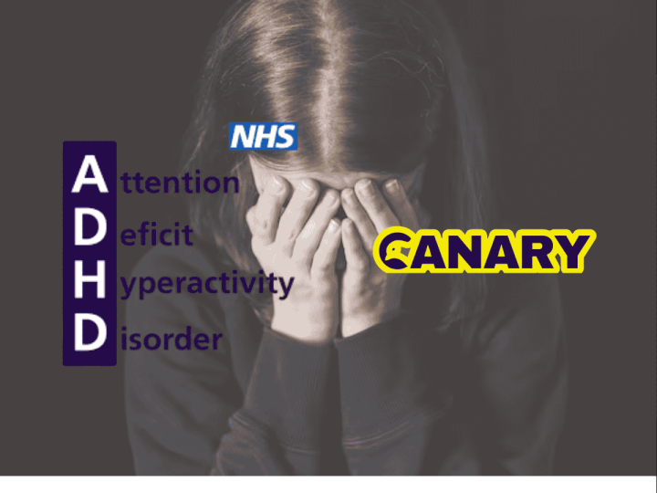 Medical misogyny Image of a girl crying with her head in her hands in the background. She has brown hair and a dark blue jumper. On the left hand side is the NHS logo and the acronym for ADHD spelt out. On the right is the Canary logo.
