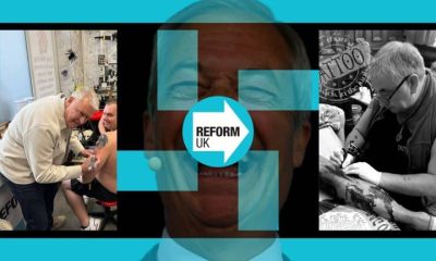 Reform leader Nigel Farage, a Swastika, and Reform councillor Andy Arnold