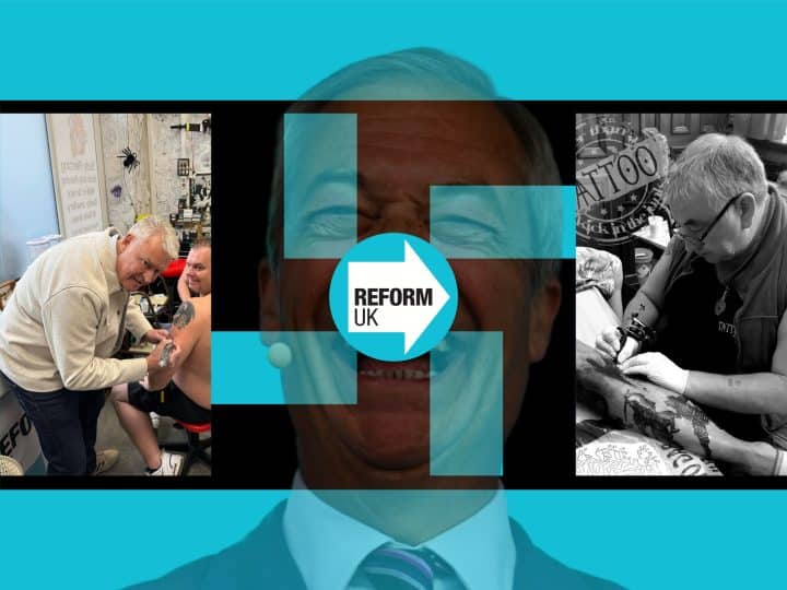 Reform leader Nigel Farage, a Swastika, and Reform councillor Andy Arnold