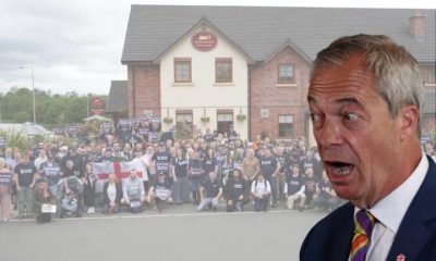 Reform UK leader Nigel Farage and an image of Restore Britain supporters