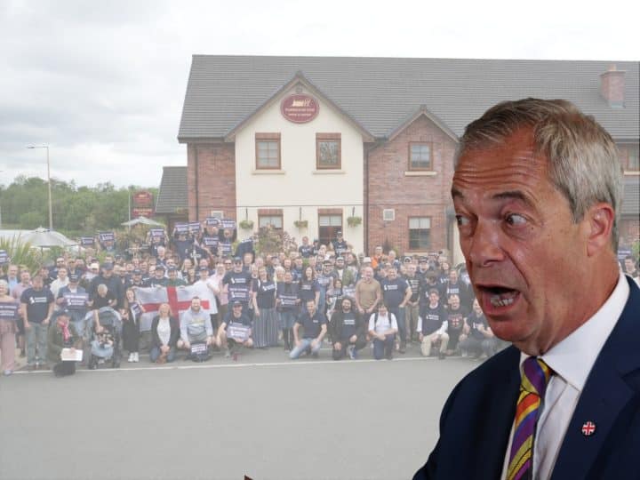 Reform UK leader Nigel Farage and an image of Restore Britain supporters