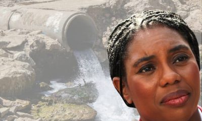 Kemi Badenoch of the Tories in front of a sewage pipe