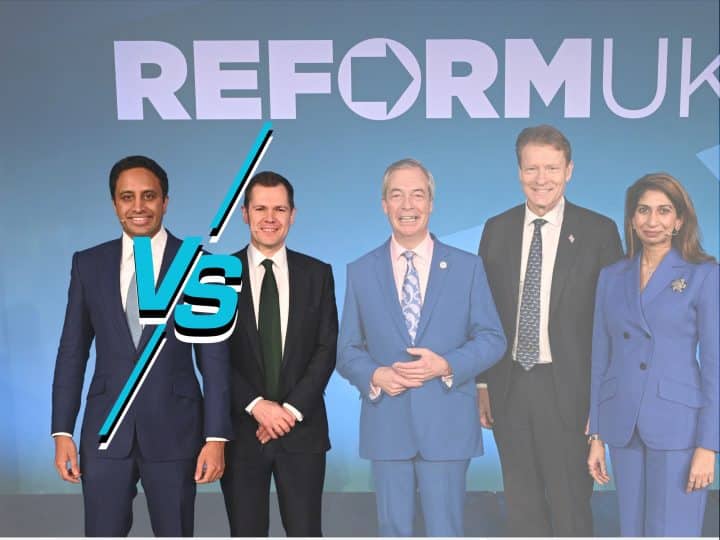 Robert Jenrick and Zia Yusuf of Reform with a 'VS' symbol between them