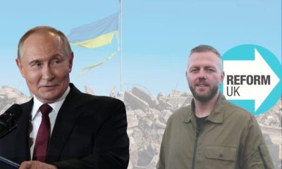 Reform candidate Robert Kenyon and Vladimir Putin in front of Ukrainian rubble