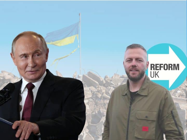 Reform candidate Robert Kenyon and Vladimir Putin in front of Ukrainian rubble