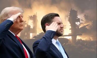 Donald Trump and JD Vance in front of flaming wreckage