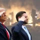 Donald Trump and JD Vance in front of flaming wreckage