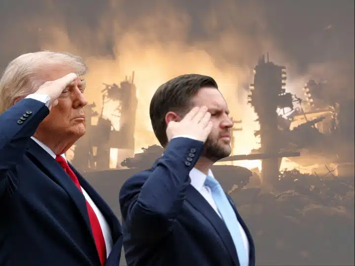Donald Trump and JD Vance in front of flaming wreckage