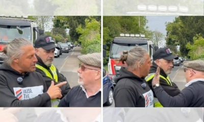 A screenshot of the video showing Ryan Bridge, of Raise the Colours, a campaign group to cover Britain in England flags, pointing his finger in an elderly man's face