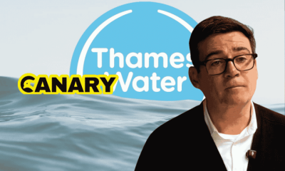 Thames Water logo in the background, sinking into the ocean. In the foreground is Andy Burnham looking upset and next to him is the Canary logo