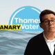 Thames Water logo in the background, sinking into the ocean. In the foreground is Andy Burnham looking upset and next to him is the Canary logo