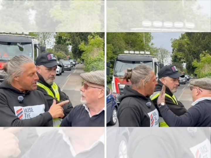A screenshot of the video showing Ryan Bridge, of Raise the Colours, a campaign group to cover Britain in England flags, pointing his finger in an elderly man's face