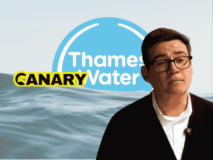 Thames Water logo in the background, sinking into the ocean. In the foreground is Andy Burnham looking upset and next to him is the Canary logo