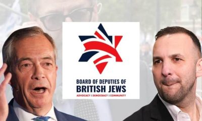Nigel Farage, Zack Polanski, and the Board of Deputies of British Jews logo