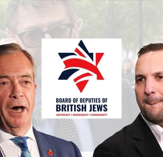 Nigel Farage, Zack Polanski, and the Board of Deputies of British Jews logo