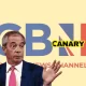 A picture of GB News' logo in the background. In the foreground we have Nigel Farage looking confused and holding up his hands. One the right hand side is the Canary logo. Reform