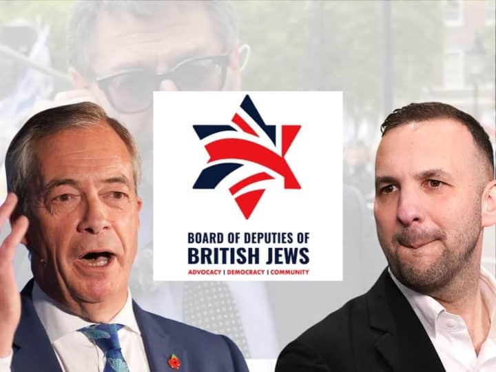 Nigel Farage, Zack Polanski, and the Board of Deputies of British Jews logo