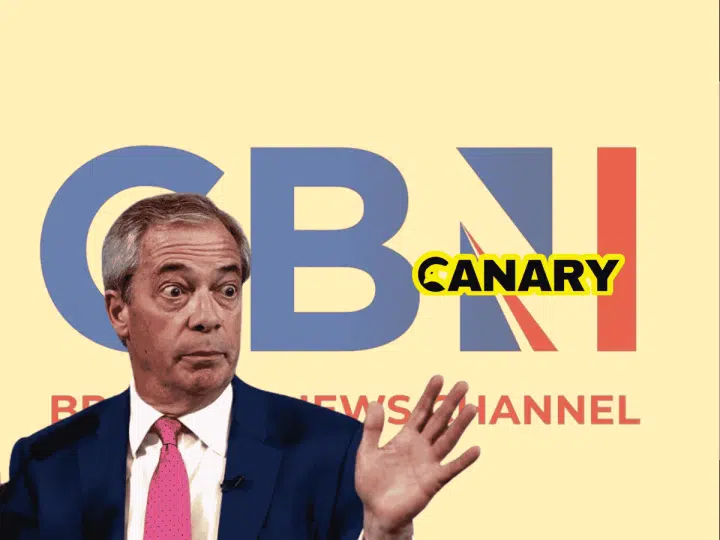 A picture of GB News' logo in the background. In the foreground we have Nigel Farage looking confused and holding up his hands. One the right hand side is the Canary logo. Reform