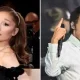 A split image of Ariana Grande on a red carpet and Harry Styles performing.