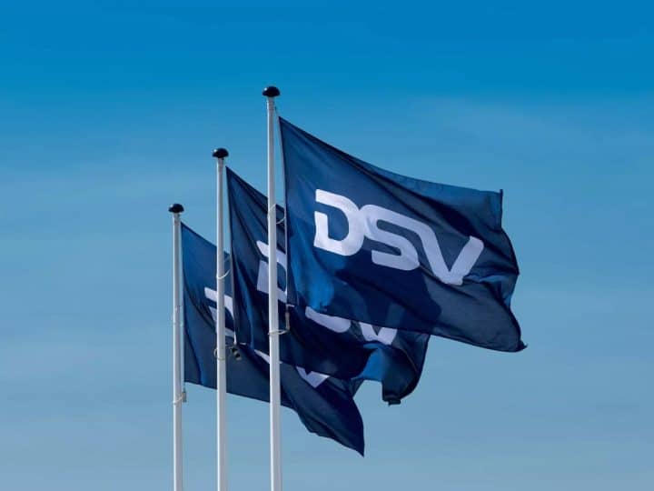 Flags with the logo of logistics company DSV