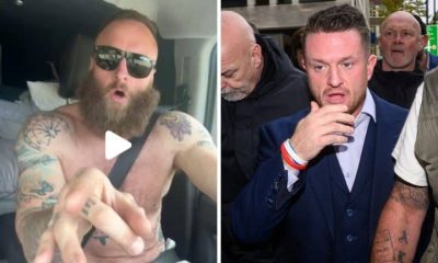 EDobbin, shirtless with tattos along both arms (left) in his car speaking. He harrassed a teenage girl, 15, at a recent rally. Meanwhile, the second image shows Tommy Robinson (right) walking, wearing a suit