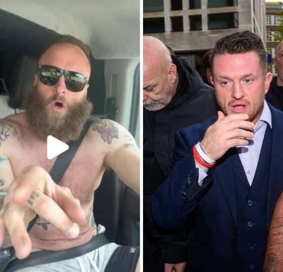 EDobbin, shirtless with tattos along both arms (left) in his car speaking. He harrassed a teenage girl, 15, at a recent rally. Meanwhile, the second image shows Tommy Robinson (right) walking, wearing a suit
