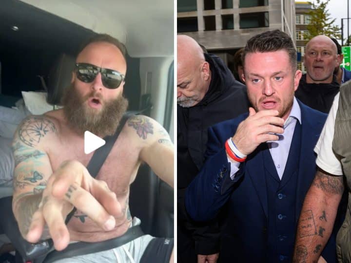 EDobbin, shirtless with tattos along both arms (left) in his car speaking. He harrassed a teenage girl, 15, at a recent rally. Meanwhile, the second image shows Tommy Robinson (right) walking, wearing a suit